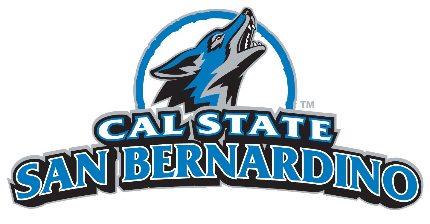 The logo features a howling coyote above bold text that reads "Cal State San Bernardino" in blue and black. The coyote's head is outlined with a blue arc, representing the university's mascot and school colors.