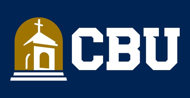 The logo features the bold white letters "CBU" next to a graphic of a chapel with a cross on top, set within a gold arch. The background is a deep blue, representing California Baptist University.