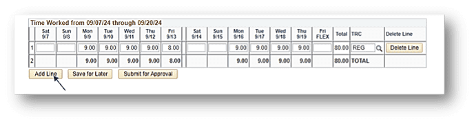 A timecard interface displaying hours worked from 09/07/24 through 09/27/24, with hours entered for specific days and buttons for adding a line, saving for later, and submitting for approval.