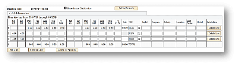 A timecard interface displaying hours worked from 09/07/24 through 09/20/24, with hours entered for each day and columns for tracking job information such as project, program, and location. The interface includes options to add or delete lines, save for later, and submit for approval, along with a "Show Labor Distribution" checkbox and "Reload Defaults" button.