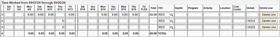 A timecard interface showing hours worked from 09/07/24 through 09/20/24, with hours entered for each day and additional fields for project details such as location, cost center, and department. The total hours are displayed at the bottom, and there are options to delete lines. The hours logged are categorized under regular (REG) time, with global codes "1031X" and "1032X" used for different entries.