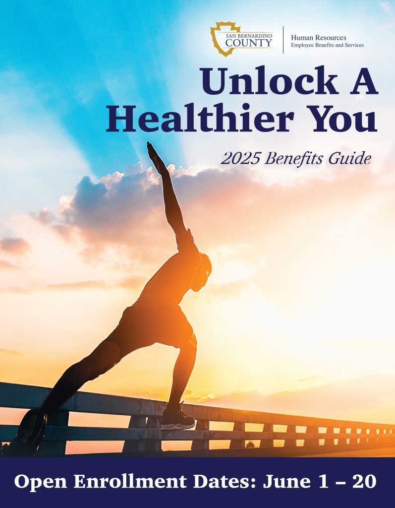 Cover of the 2025 San Bernardino County Benefits Guide. The design features a person running against a vibrant sunrise sky. At the top, the San Bernardino County logo appears alongside the Human Resources Employee Benefits and Services text. The main headline reads “Unlock A Healthier You” with “2025 Benefits Guide” underneath. At the bottom of the cover, a bold banner states: “Open Enrollment Dates: June 1 – 20.”