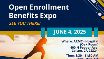 Open Enrollment Benefits Expo. June 4, 2025 at ARMC (Oak Room), Colton. 8:30–11:30 AM & 1:30–3:30 PM. Learn more at link.sbcounty.gov/oe.