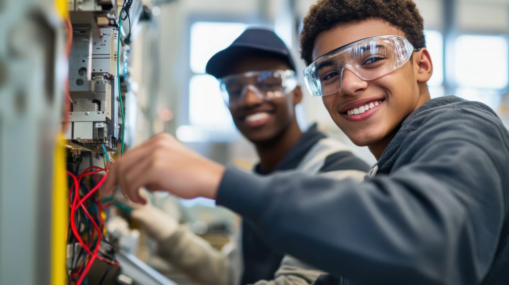 Students wearing safety glasses working with wiring and electrical components in a technical training classroom.