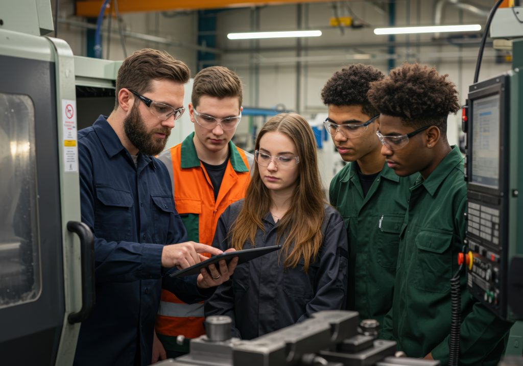 Instructor reviewing information on a tablet with students wearing safety glasses in a manufacturing training lab.
