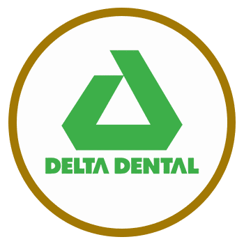 Delta Dental logo in gold circle white background