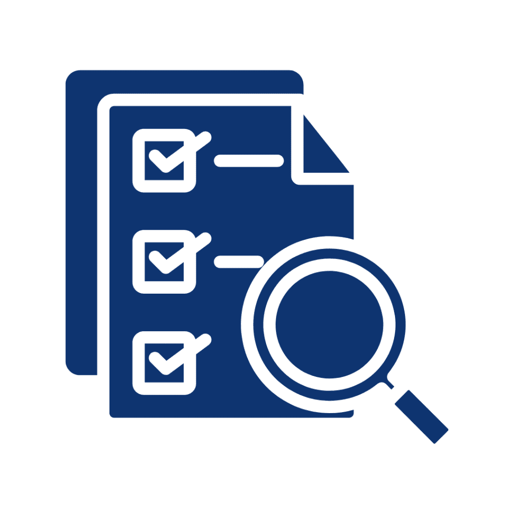 A checklist with checkboxes and a magnifying glass overlay, all in blue