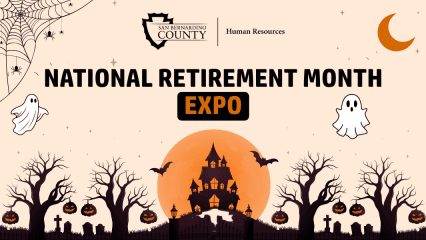 National Retirement Month Expo graphic with Halloween-themed ghosts, trees, pumpkins and a haunted house.
