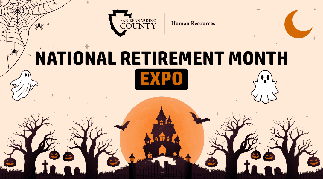 National Retirement Month Expo graphic with Halloween-themed ghosts, trees, pumpkins and a haunted house.