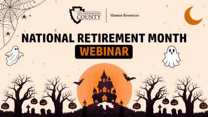 National Retirement Month Webinar graphic with Halloween-themed ghosts, trees, pumpkins and a haunted house.