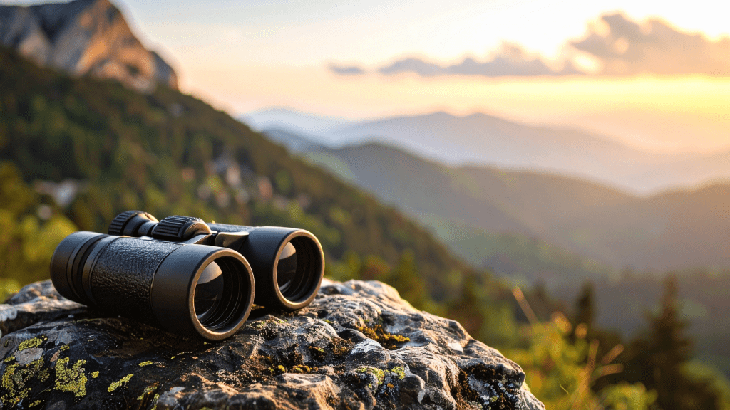 Close-up of binoculars on a rock ledge with blurred mountain landscape in the background and the SBC Level Up logo on the right.