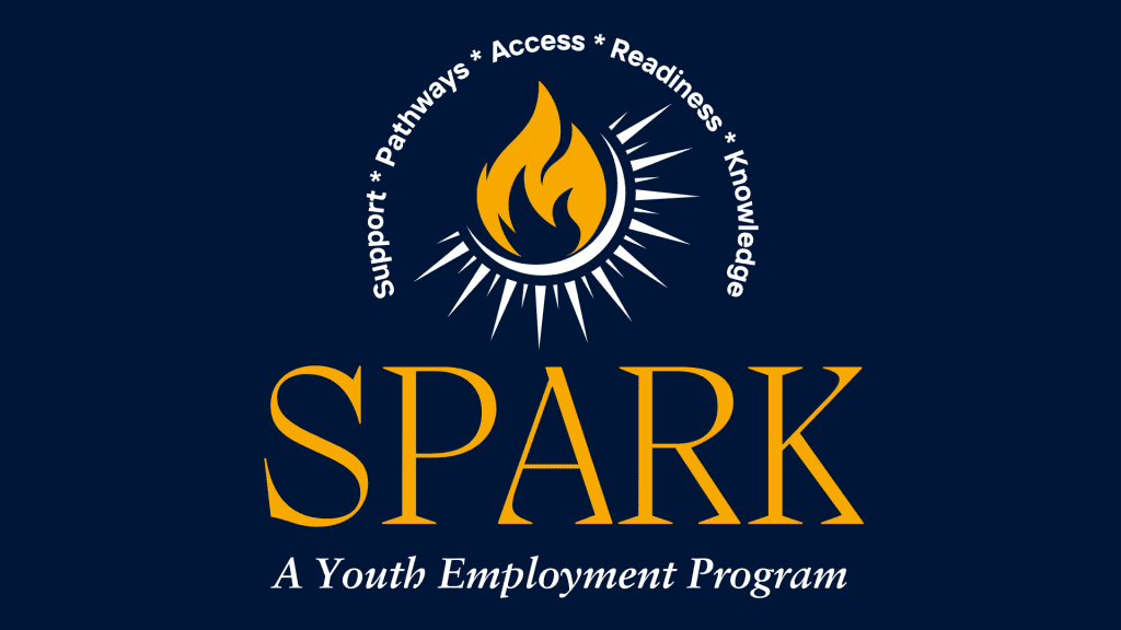 SPARK Youth Employment Program logo on a navy blue background. A gold flame sits inside a circular emblem with white rays extending outward. Surrounding the circle are the words “Support,” “Pathways,” “Access,” “Readiness,” and “Knowledge.” Below the emblem, “SPARK” appears in large gold serif letters, with “A Youth Employment Program” written underneath in white italic text.