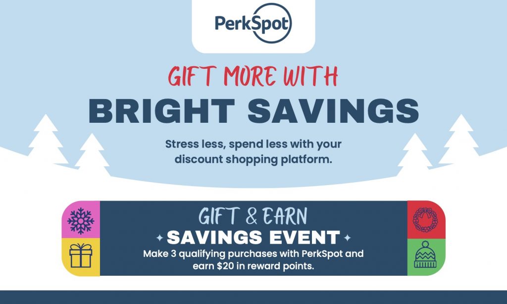 A holiday-themed PerkSpot banner titled "Gift More with Bright Savings." It invites users to save with discounts and earn $20 in rewards by making three purchases. Festive icons and snowy trees decorate the design.