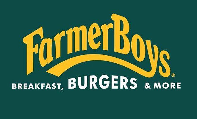 Farmer Boys logo with caption: Breakfast, burgers, and more
